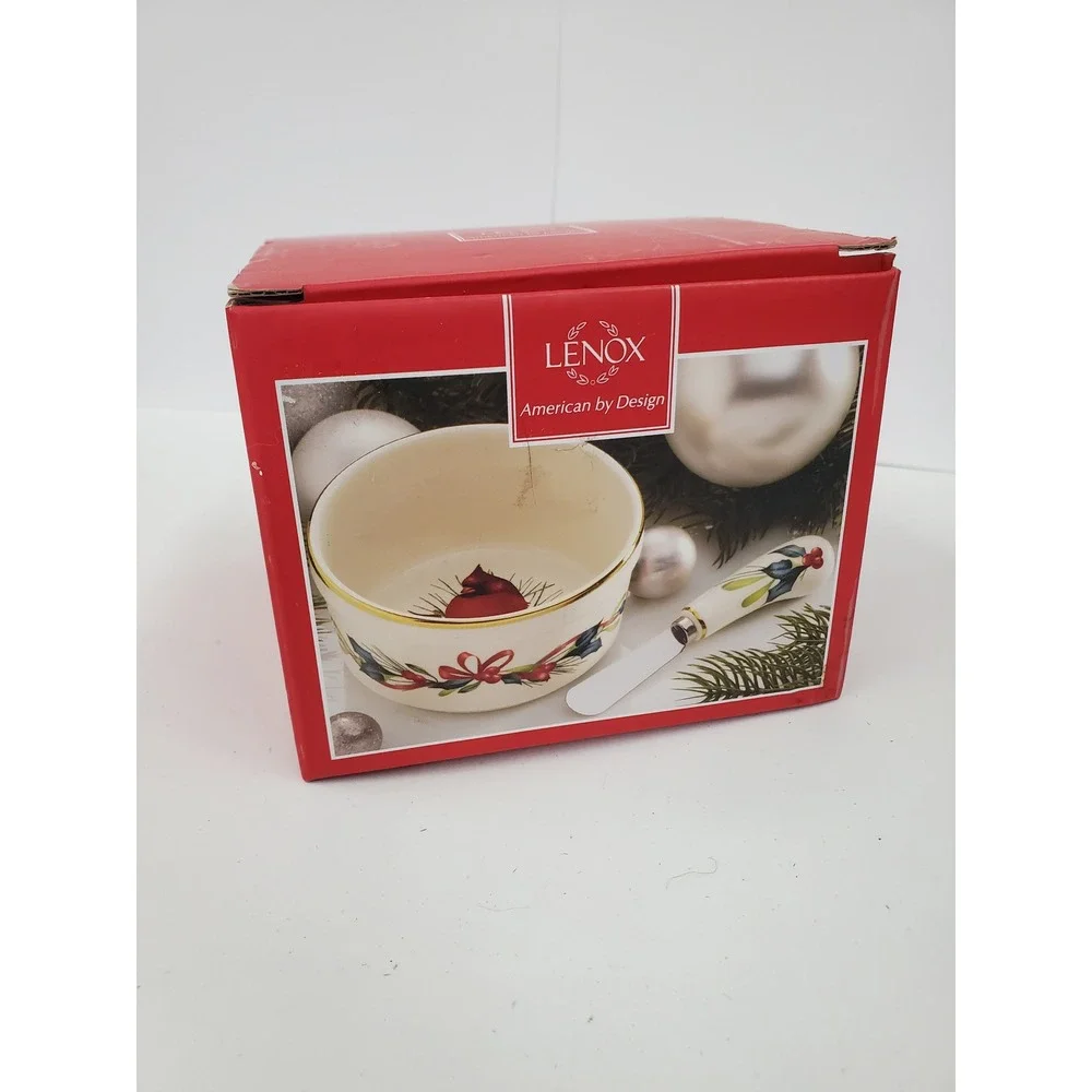 Lenox Winter Greetings Dip Bowl with Spreader Cardinal Holly Gold Rim 804437 NEW